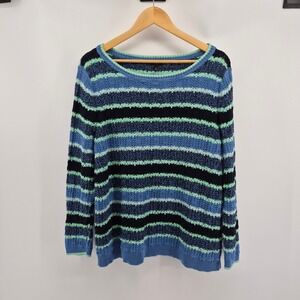 Talbots Woman Striped Boat Neck‎ Sweater Sz 2X Blue Green Black Knit Preppy Work
